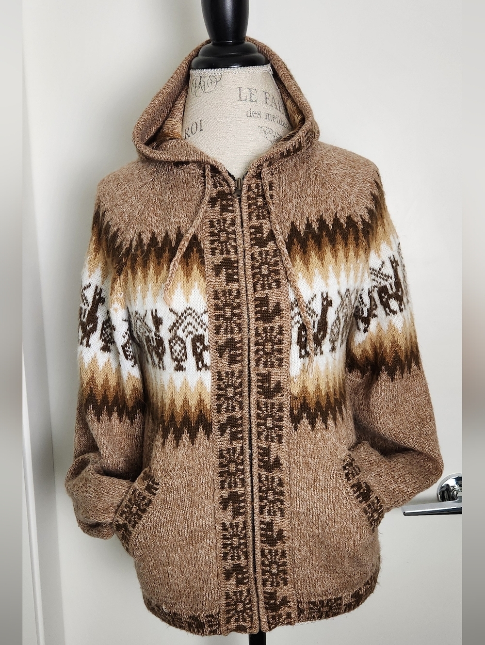 Vintage Peruvian Zipup Knit Hoodie Sweater w Sidw Pockets